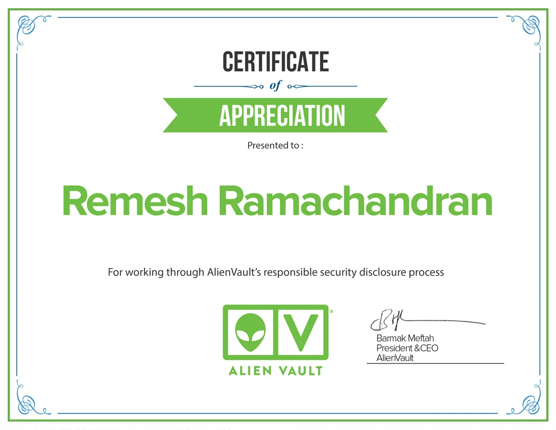 Certificate of Appreciation from Alien Vault