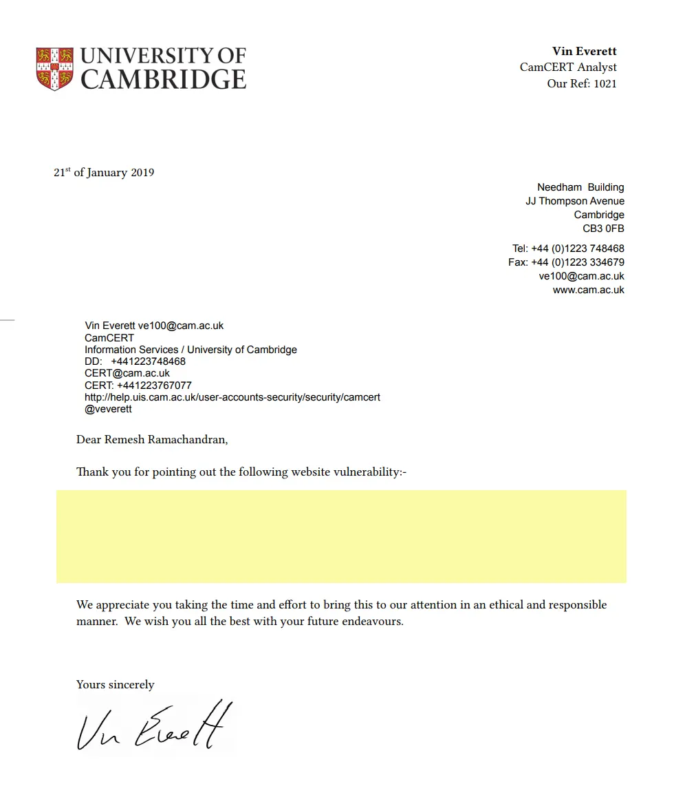 University of Cambridge Acknowledgement – Remesh Ramachandran