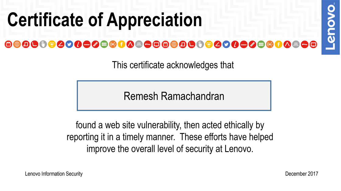 Certificate of Appreciation from Lenovo
