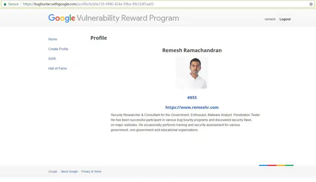 Google Hall of Fame - Remesh Ramachandran