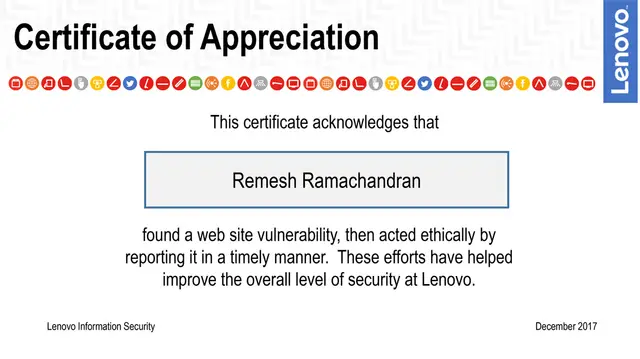 Certificate of Appreciation from Lenovo — Remesh Ramachandran